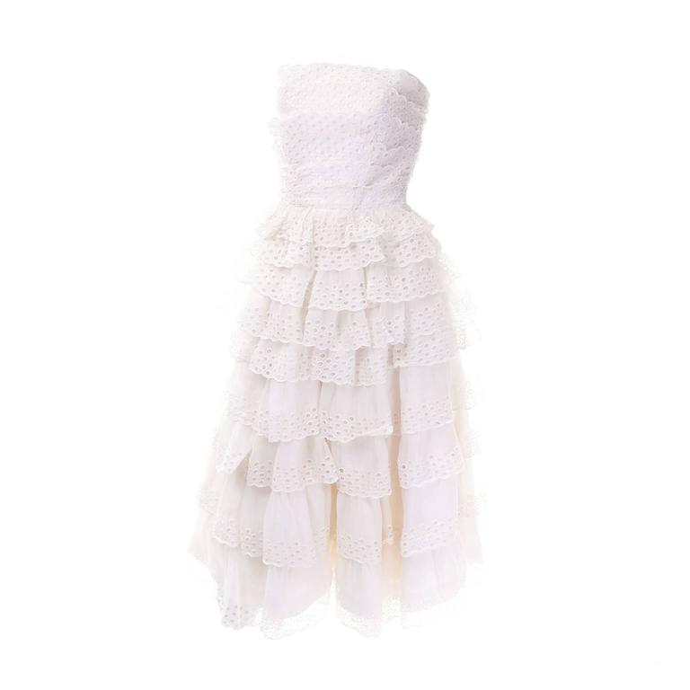 Suzy Perette White Eyelet Ruffled Strapless Vintage Dress 2/4 For Sale ...