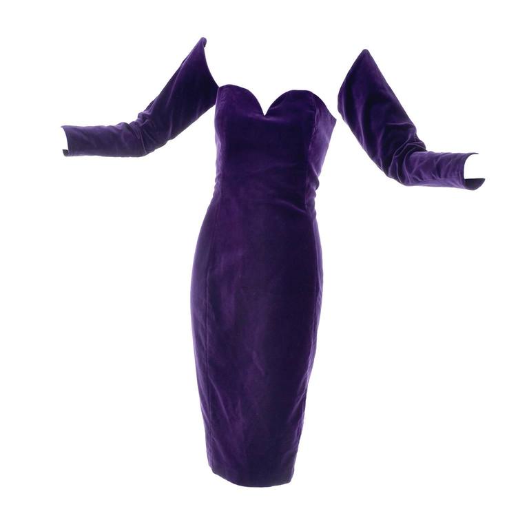 1980s Travilla Purple Velvet Strapless Dress With Detached Sleeves