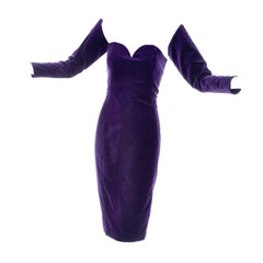Vintage 1980s Travilla Purple Velvet Strapless Dress With Detached Sleeves