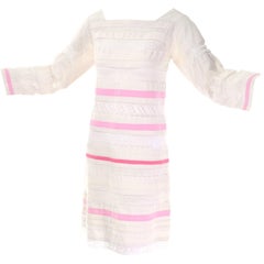 1960s Guatemalan Cotton & Lace Vintage Shift Dress in Pink Cream & White 