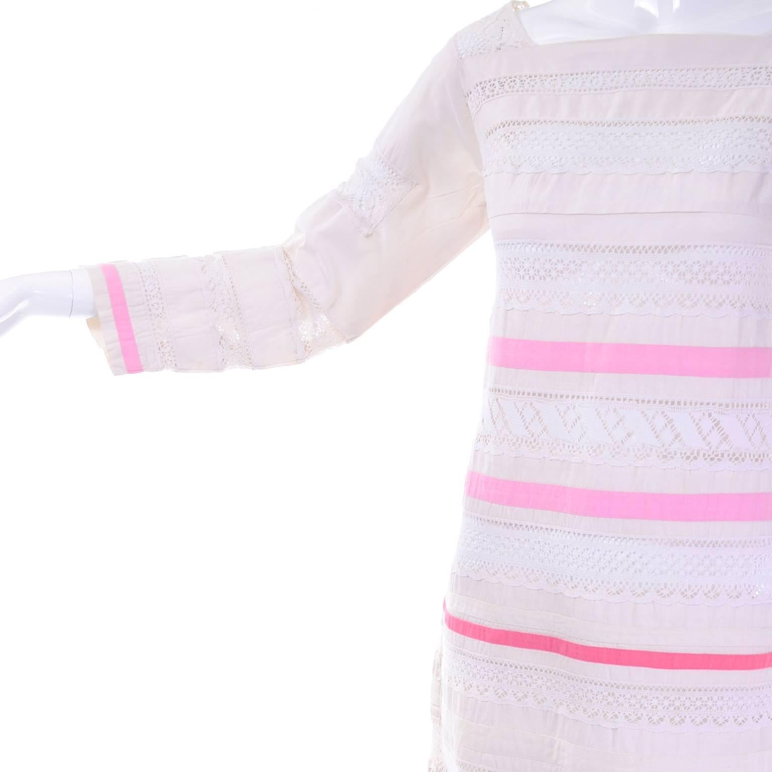 Beige 1960s Guatemalan Cotton & Lace Vintage Shift Dress in Pink Cream & White 