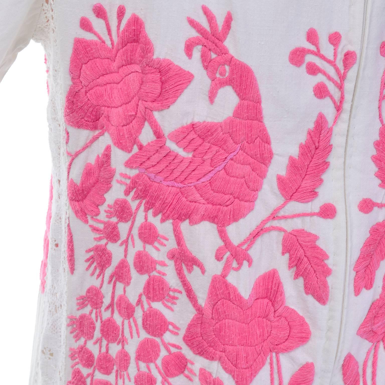 Women's Folk Art Bohemian 1960s Vintage Dress With Embroidered Pink Peacocks 