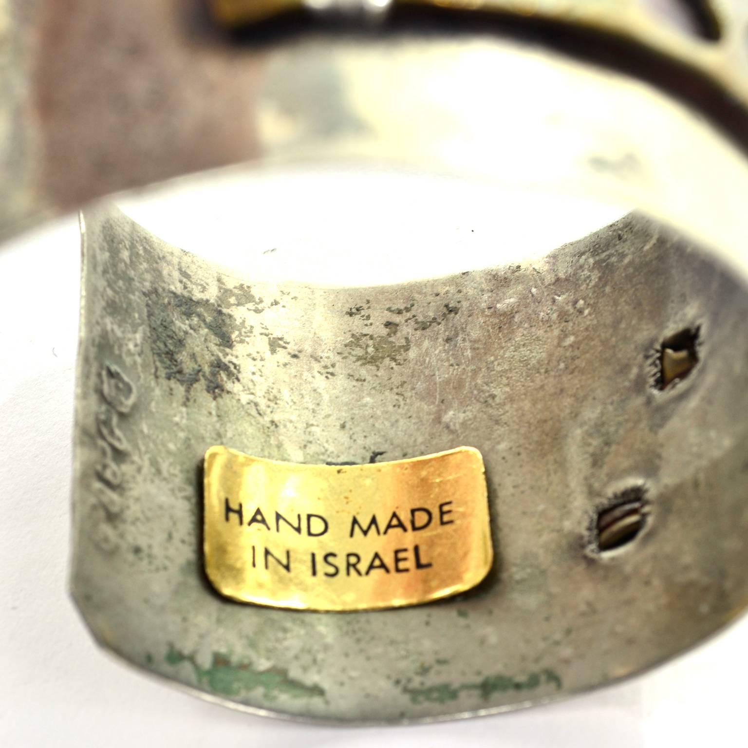 Signed Lilla Modern Brutalist Handmade Israel Mixed Metal Vintage Bracelet Cuff  2