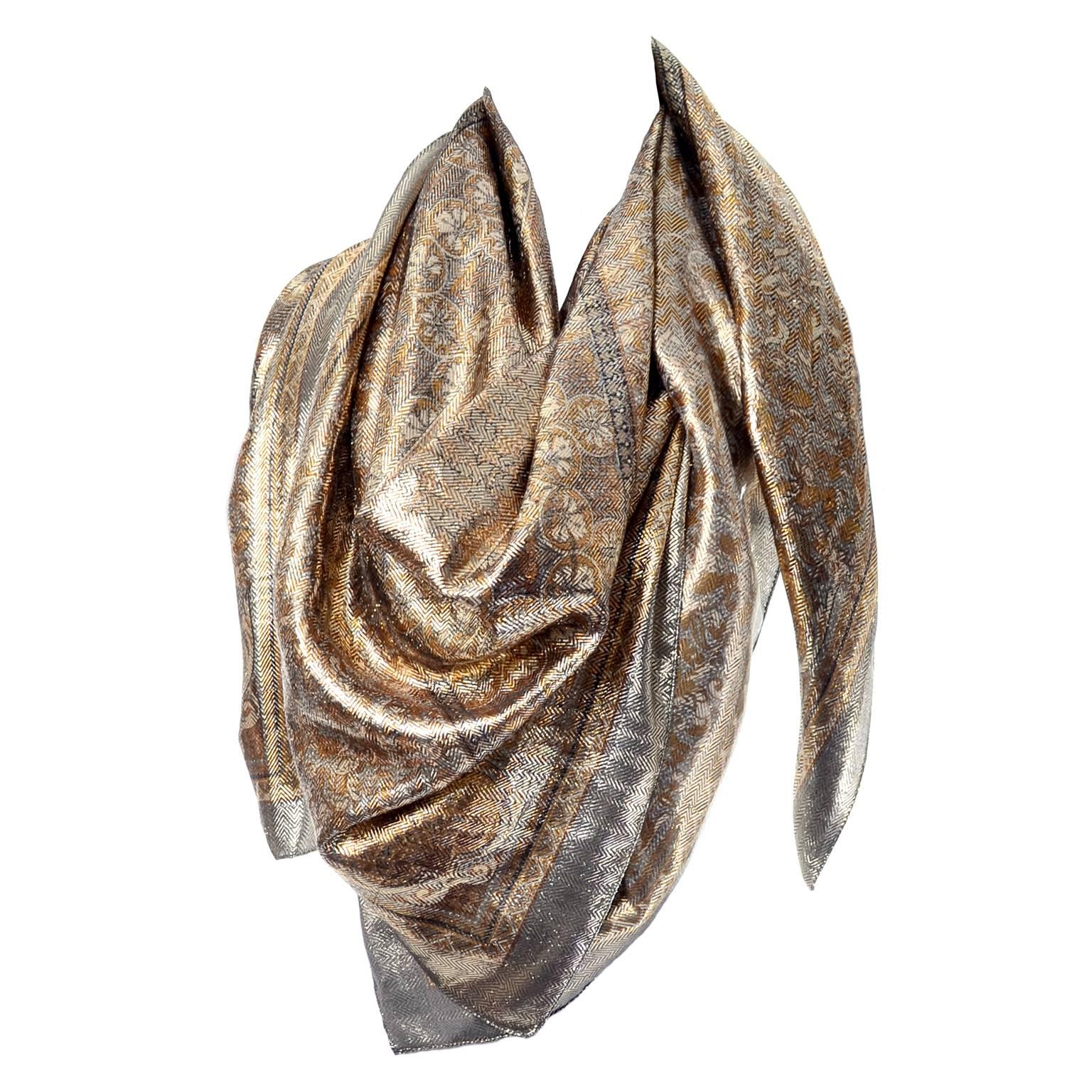Silk Metallic Gold Patterned Oversized Vintage Scarf or Wrap