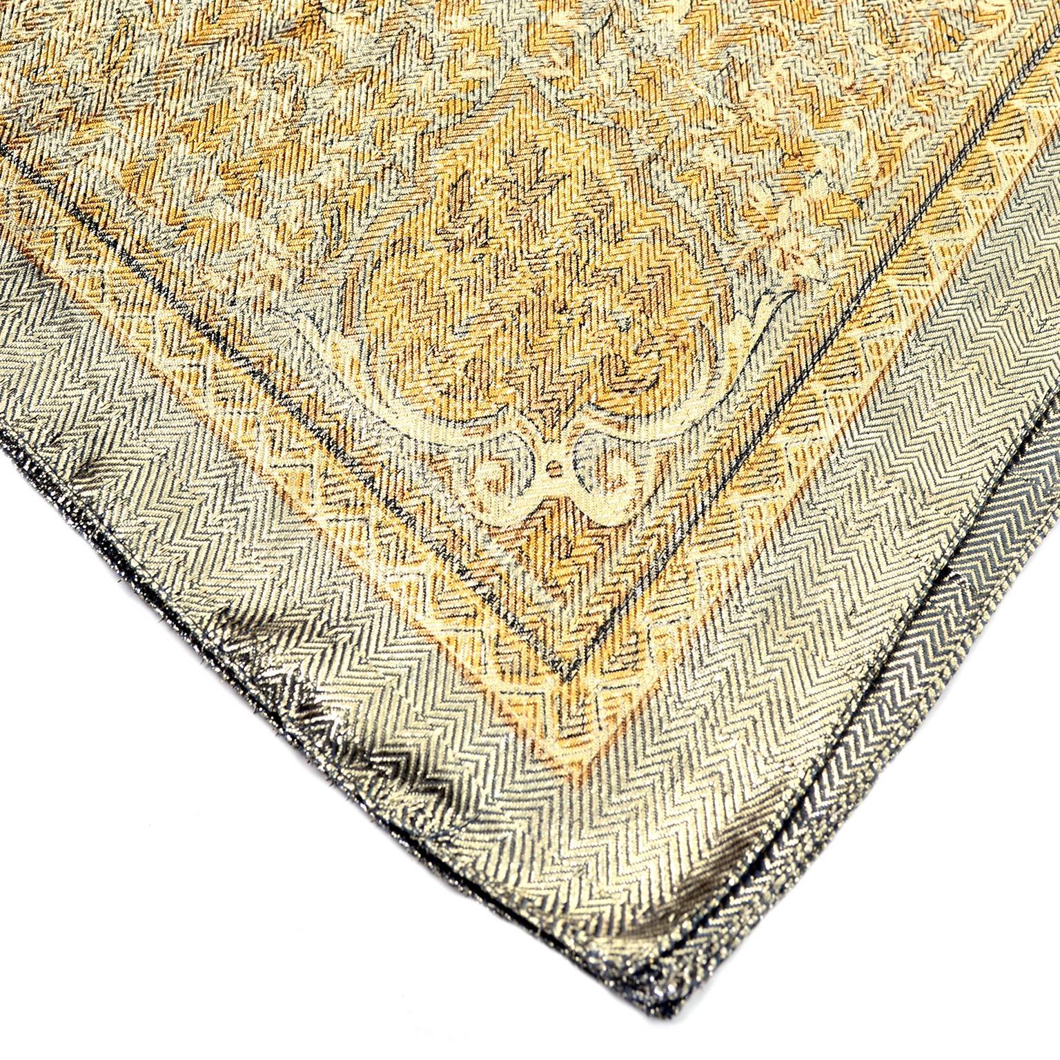 Brown Silk Metallic Gold Patterned Oversized Vintage Scarf or Wrap