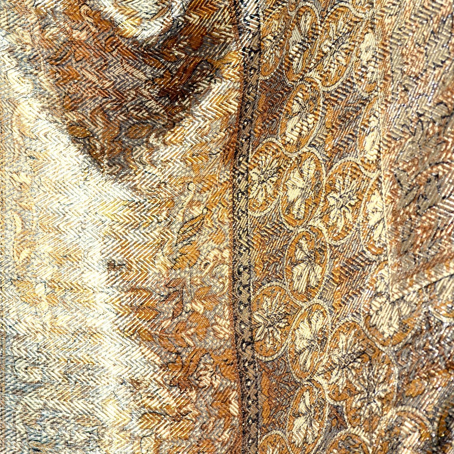 Silk Metallic Gold Patterned Oversized Vintage Scarf or Wrap In Excellent Condition In Portland, OR