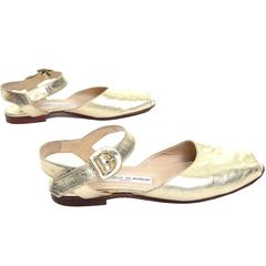 Manolo Blahnik London Shoes Gold Peep Toe Flats Sandals Size 38