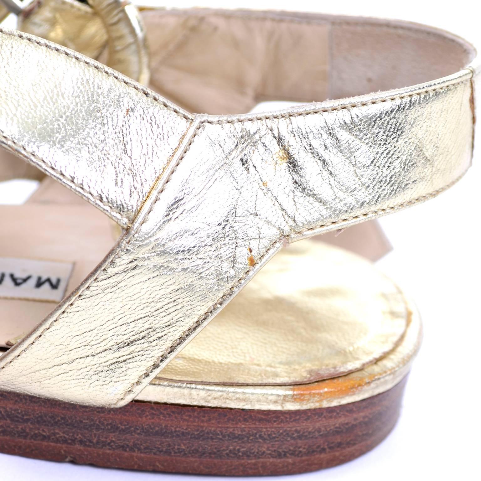 Manolo Blahnik London Shoes Gold Peep Toe Flats Sandals Size 38 2