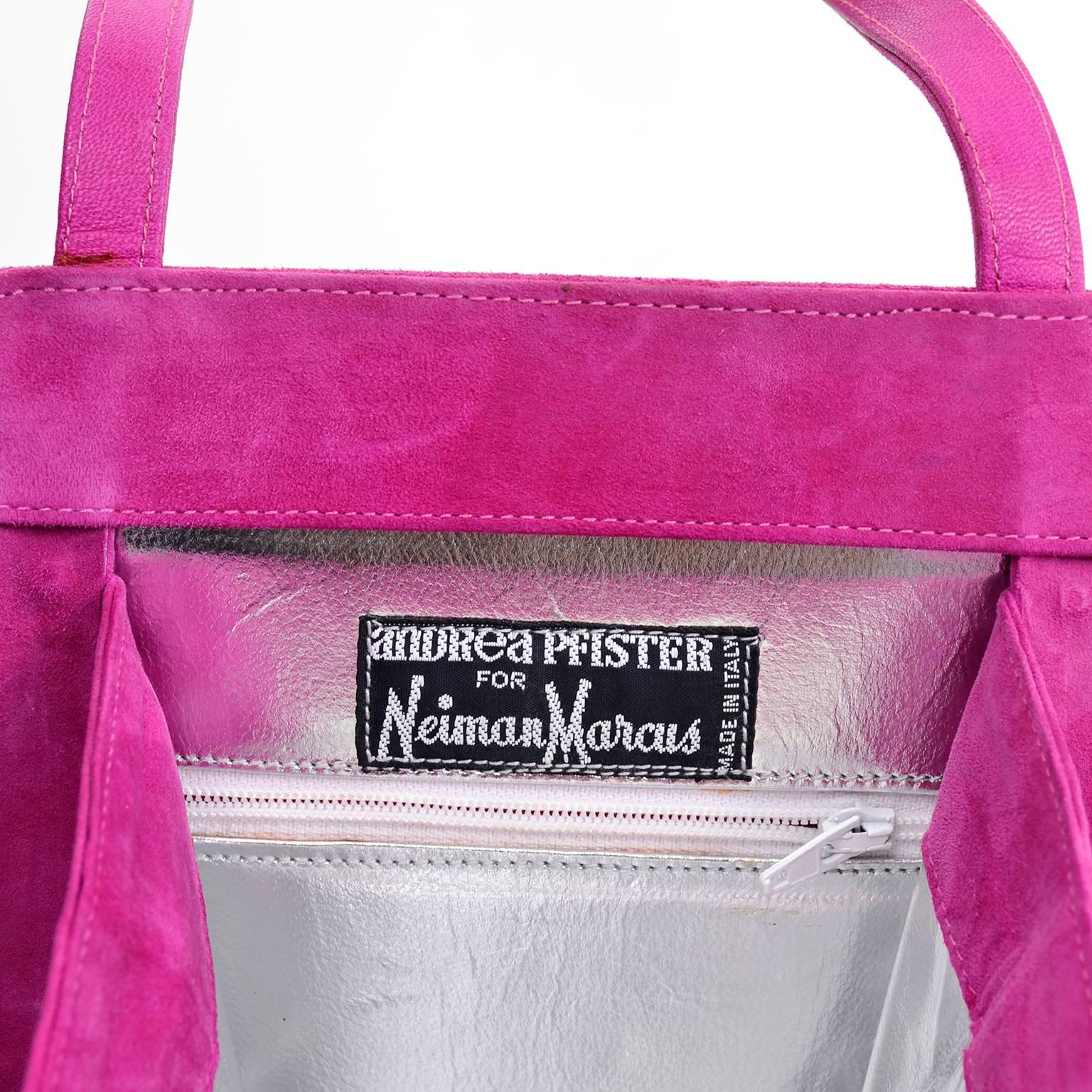 Purple Andrea Pfister Handbag in Pink Suede With Silver Leather Lining & Black Trim For Sale