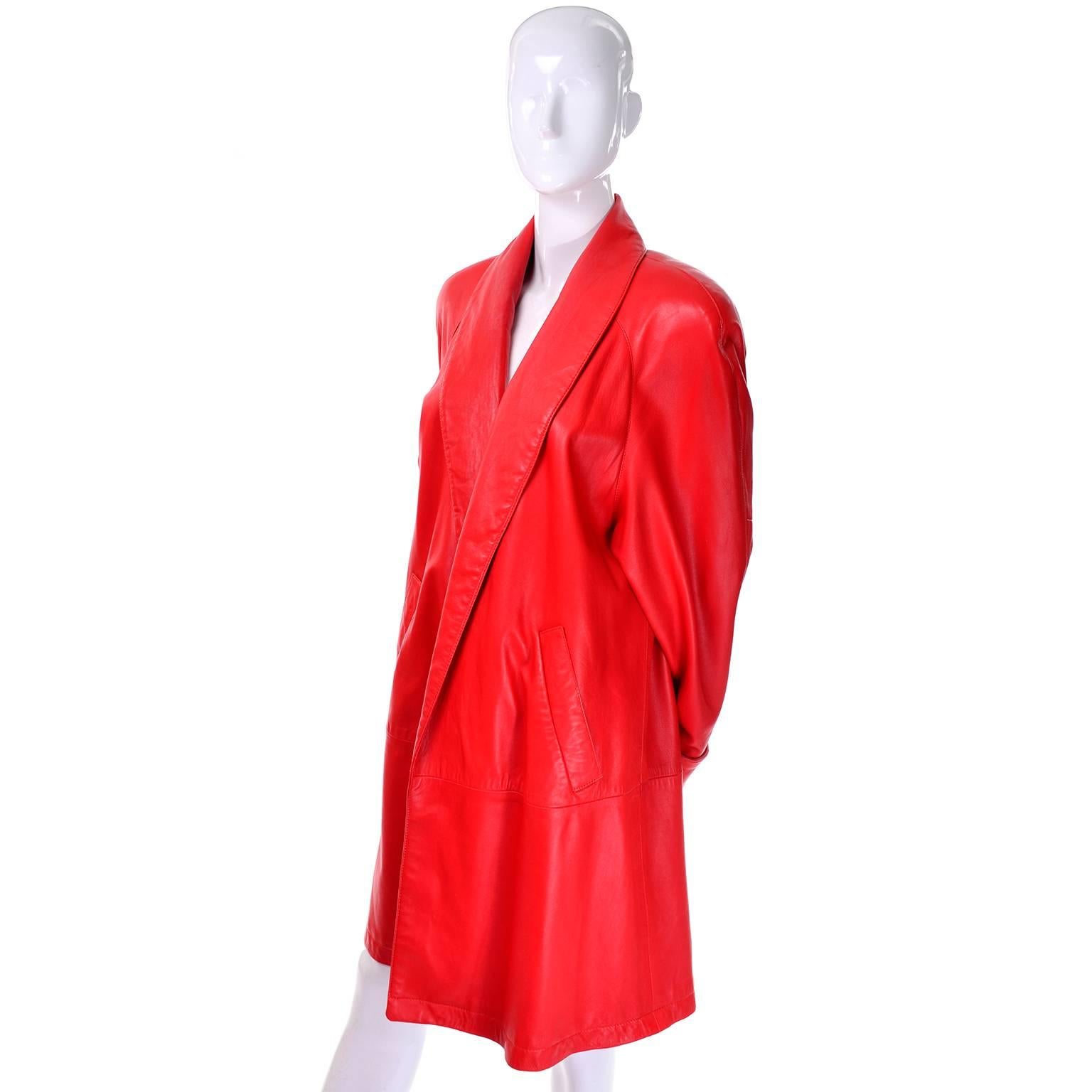 1980s Vakko Orange Red Leather Semi Swing Coat Medium Jacket Made in ...
