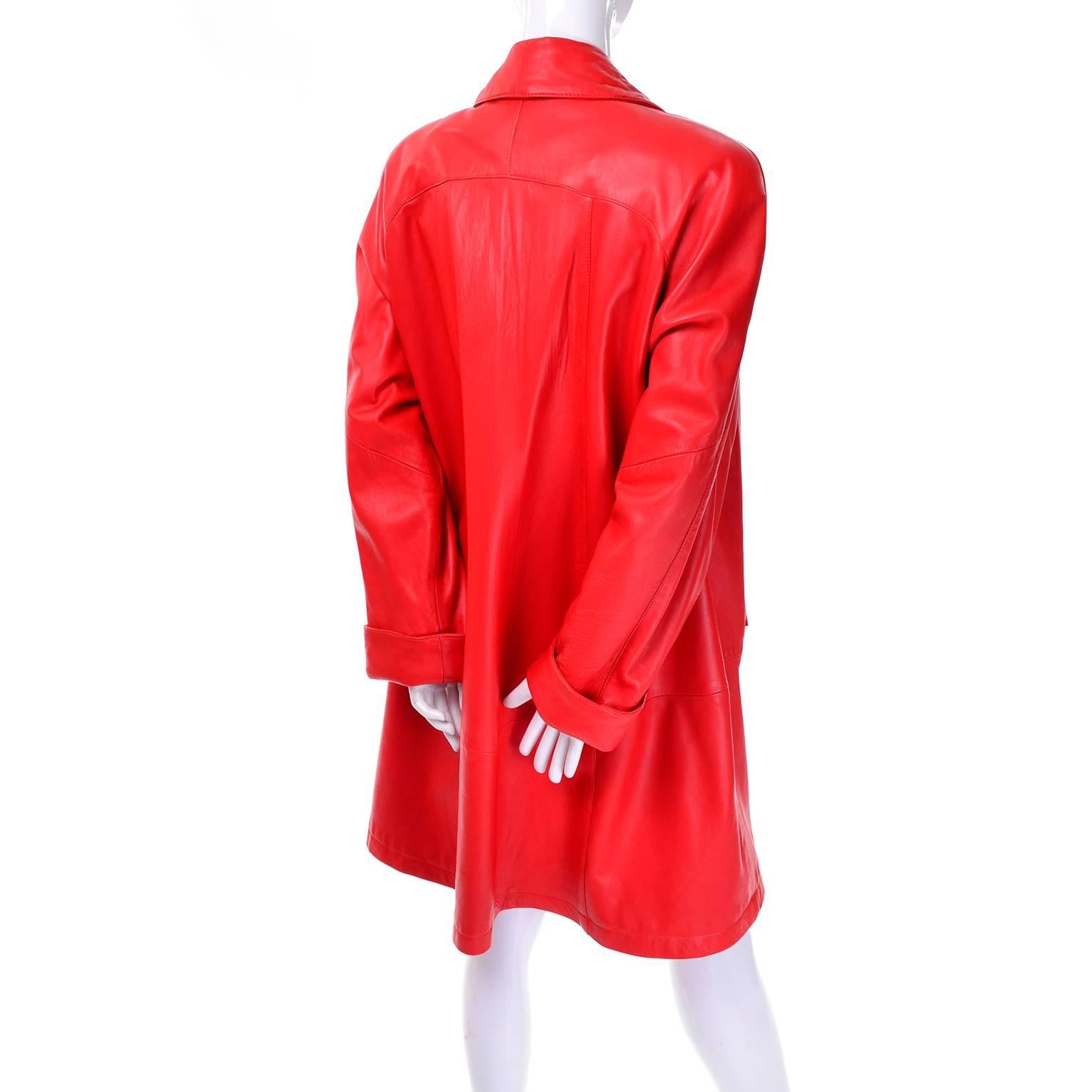 1980s Vakko Orange Red Leather Semi Swing Coat Medium Jacket Made in USA  In Excellent Condition In Portland, OR