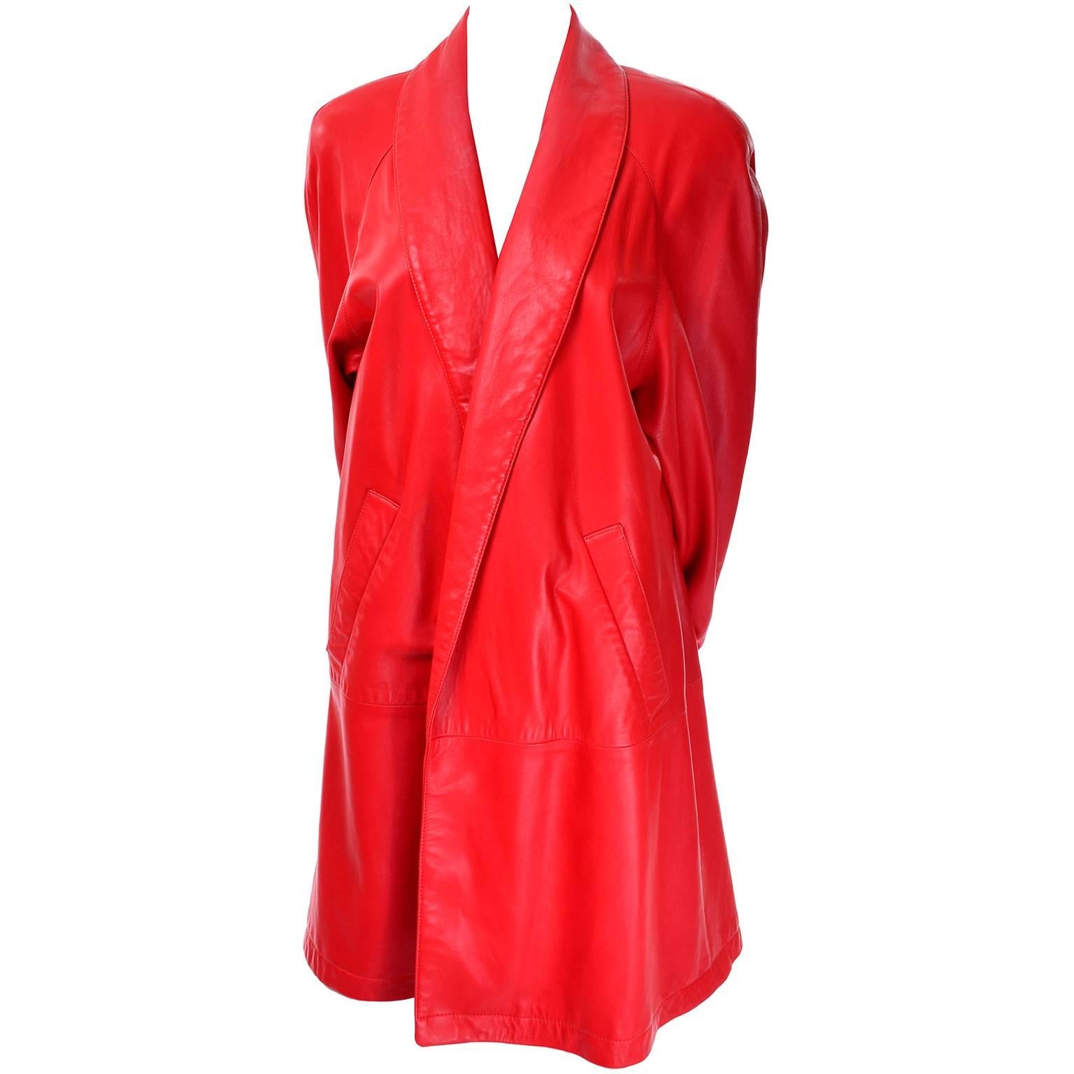 1980s Vakko Orange Red Leather Semi Swing Coat Medium Jacket Made in USA 