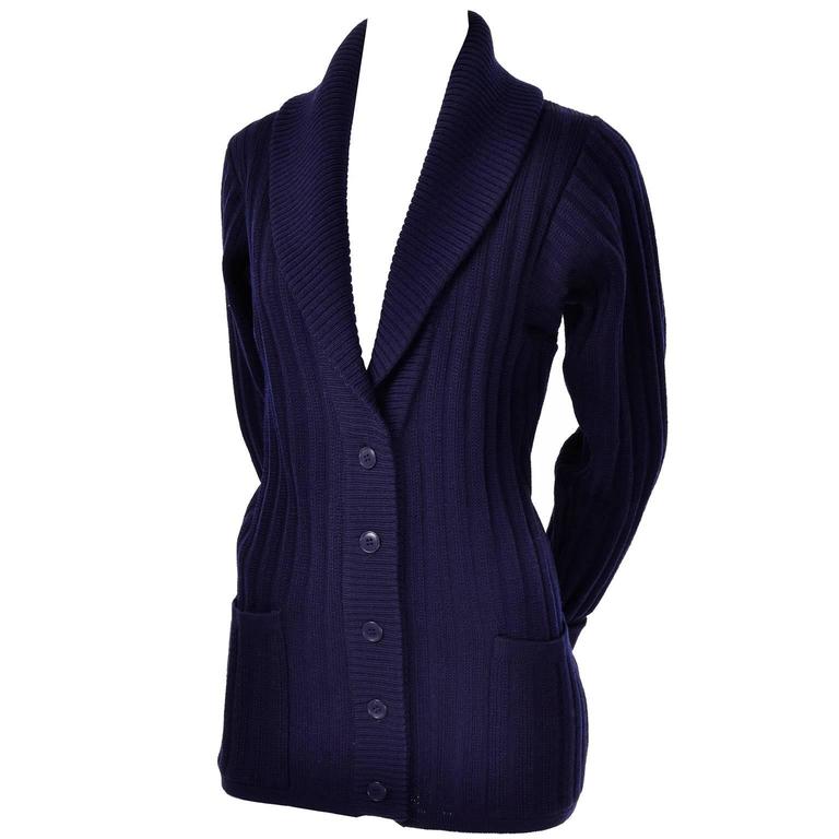 YSL Yves Saint Laurent 1970s Navy Blue Wool Cardigan Sweater With Shawl