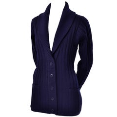 Vintage YSL Yves Saint Laurent 1970s Navy Blue Wool Cardigan Sweater With Shawl Collar 