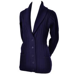 YSL Yves Saint Laurent 1970s Navy Blue Wool Cardigan Sweater With Shawl Collar 1