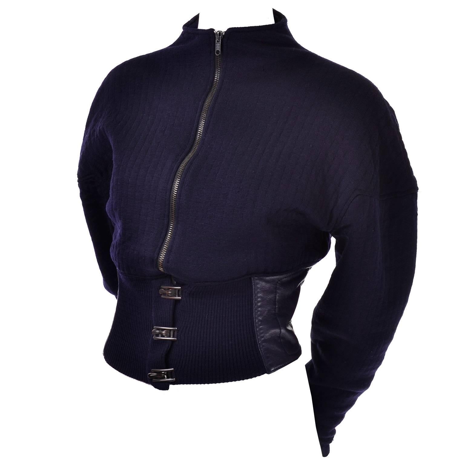 Vintage Claude Montana 1980s Navy Blue Wool Jacket with Leather Trim Italian 44