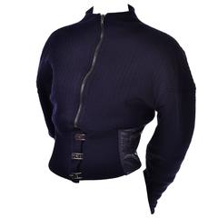 Vintage Claude Montana 1980s Navy Blue Wool Jacket with Leather Trim Italian 44 11