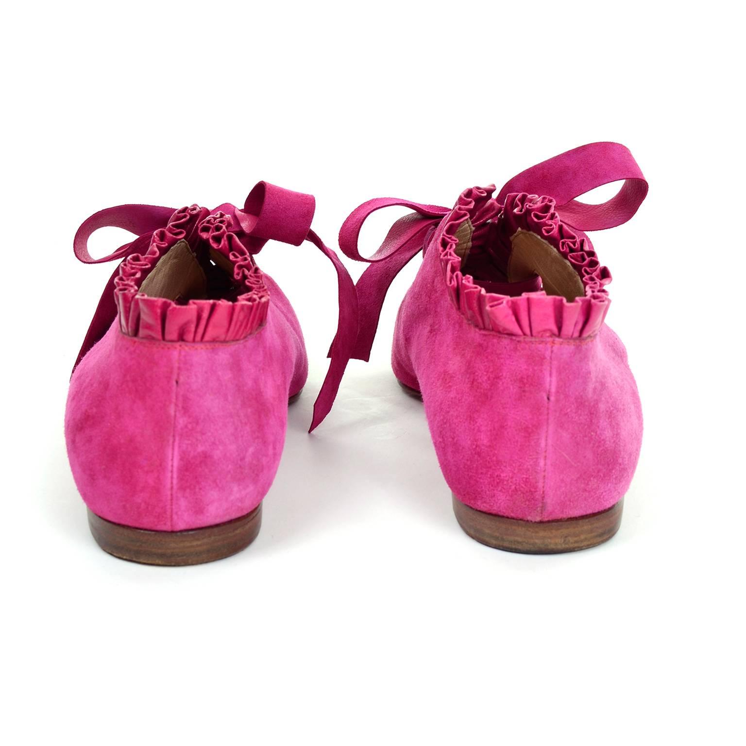 Women's Manolo Blahnik Hot Pink Suede Ruffled Lace Up Vintage Booties Size 38.5 US 8.5