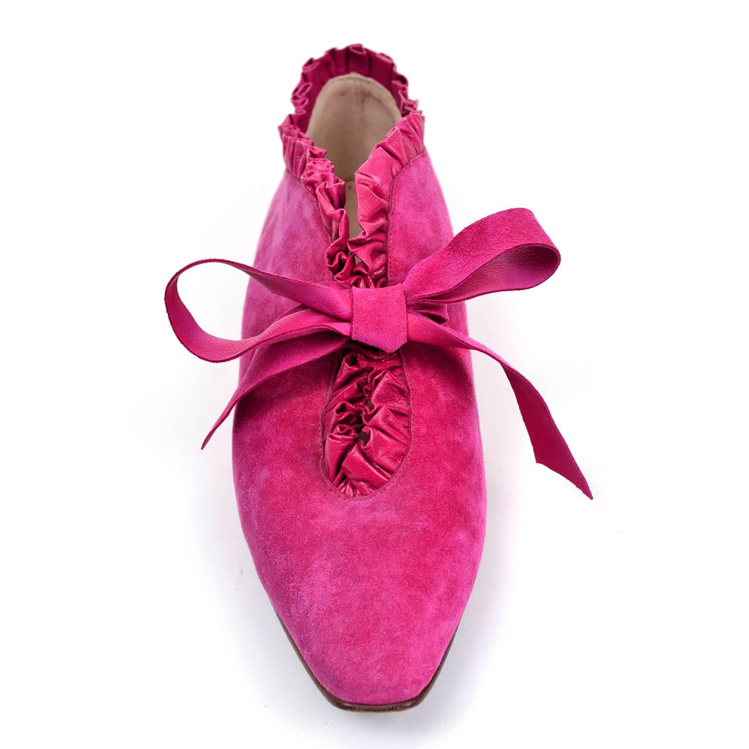 Manolo Blahnik Hot Pink Suede Ruffled Lace Up Vintage Booties Size 38.5 US 8.5 In Excellent Condition In Portland, OR