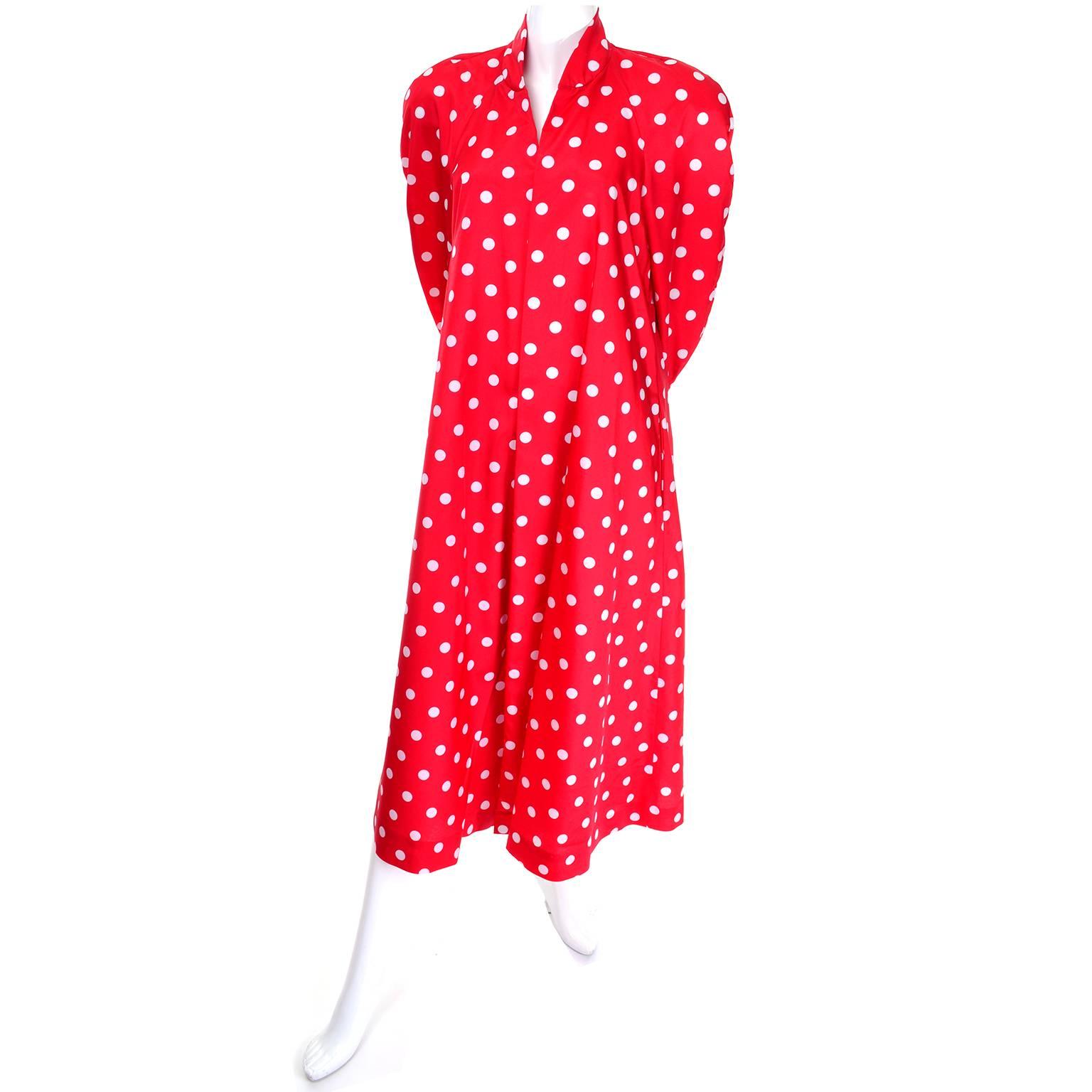 Women's 1980s Victor Costa Bergdorfs Red w White Polka Dots Summer Evening Swing Coat