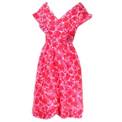 Vintage Pink Floral Silk Mid Century Dress in Faux Pinafore Style