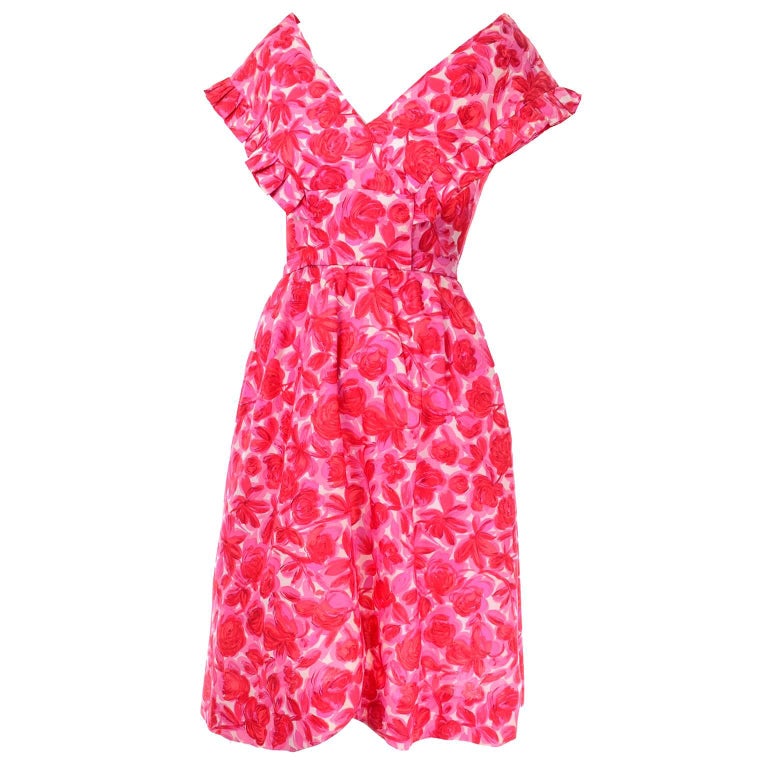 Vintage Pink Floral Silk Mid Century Dress in Faux Pinafore Style For Sale