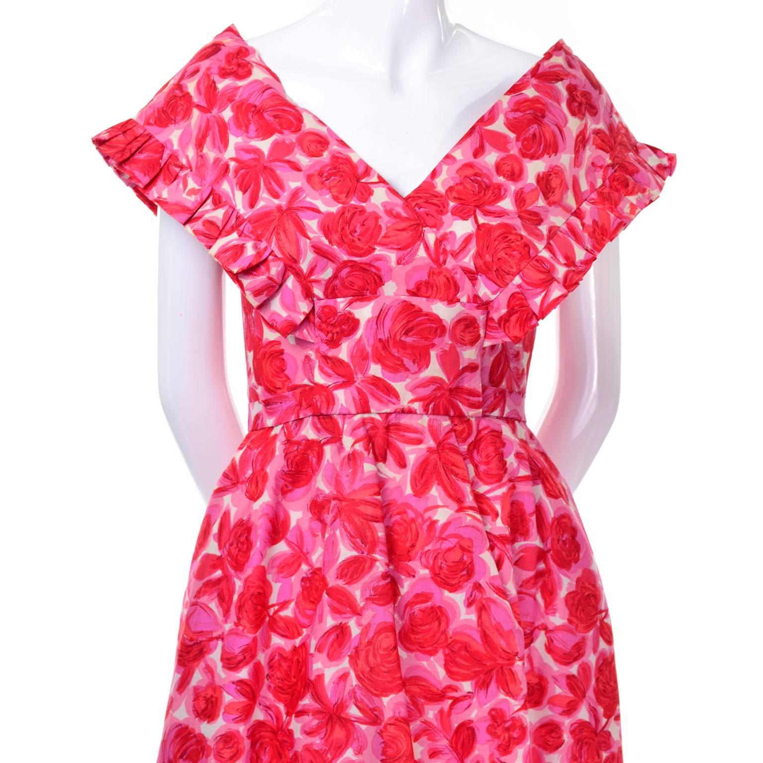 Women's Vintage Pink Floral Silk Mid Century Dress in Faux Pinafore Style For Sale