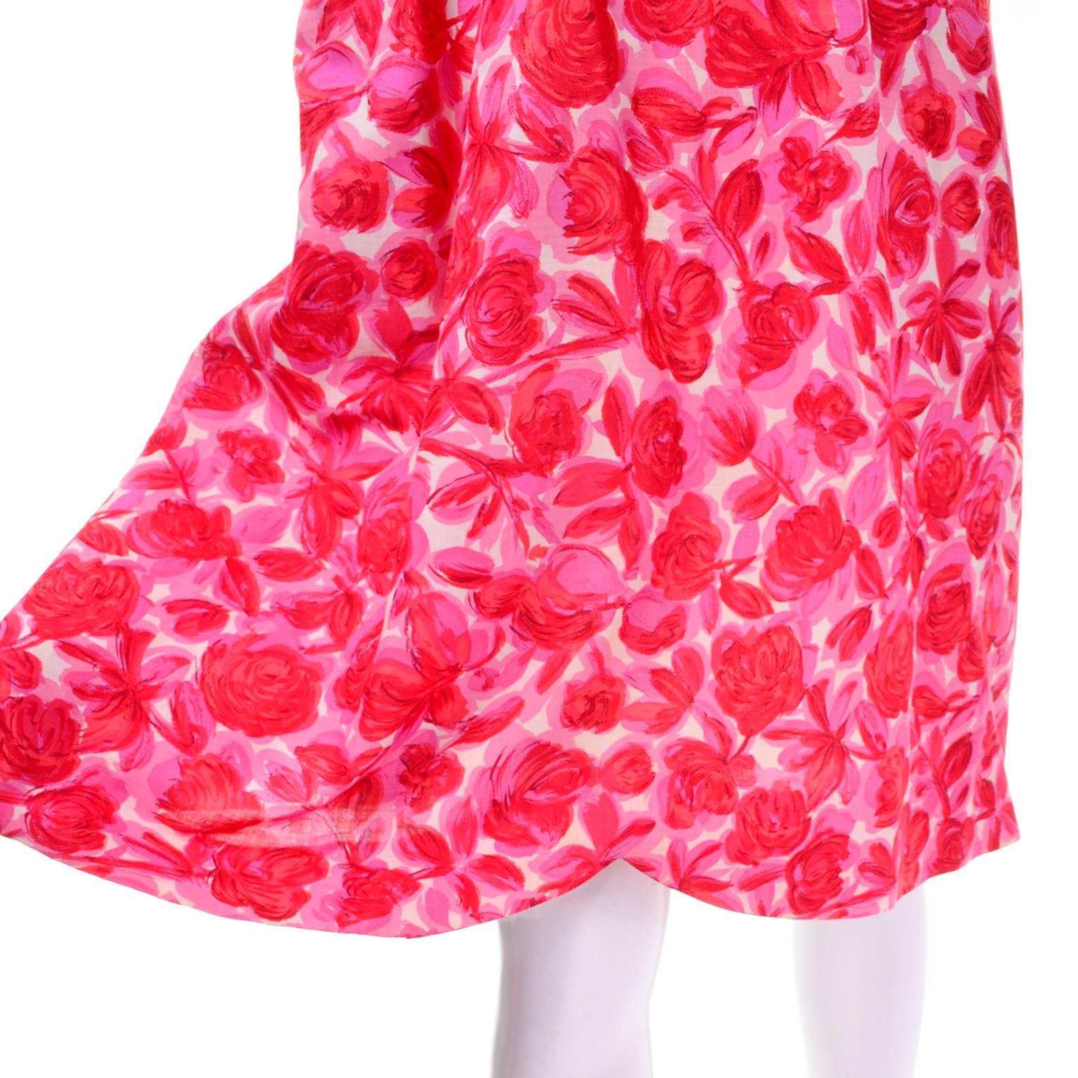 Vintage Pink Floral Silk Mid Century Dress in Faux Pinafore Style In Excellent Condition For Sale In Portland, OR