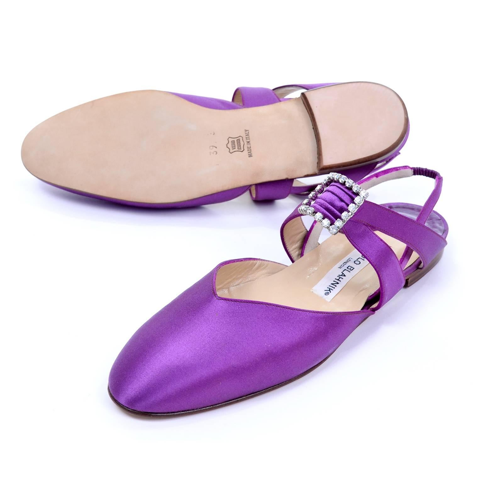 Women's New Vintage Manolo Blahnik Purple Satin Vintage Shoes With Rhinestone Buckles 39