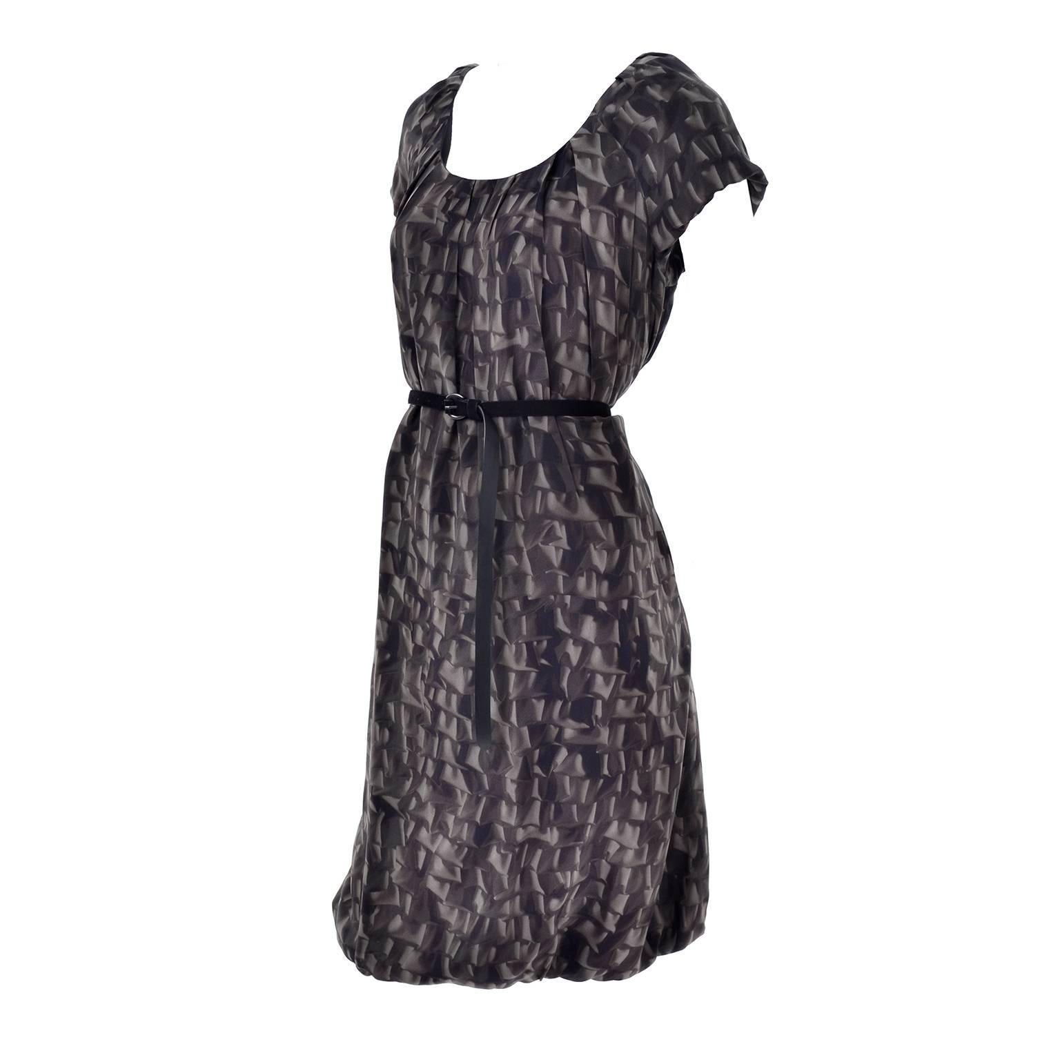 Moschino Ruffle Print Vintage Silk Dress With Bubble Hem and Suede Belt