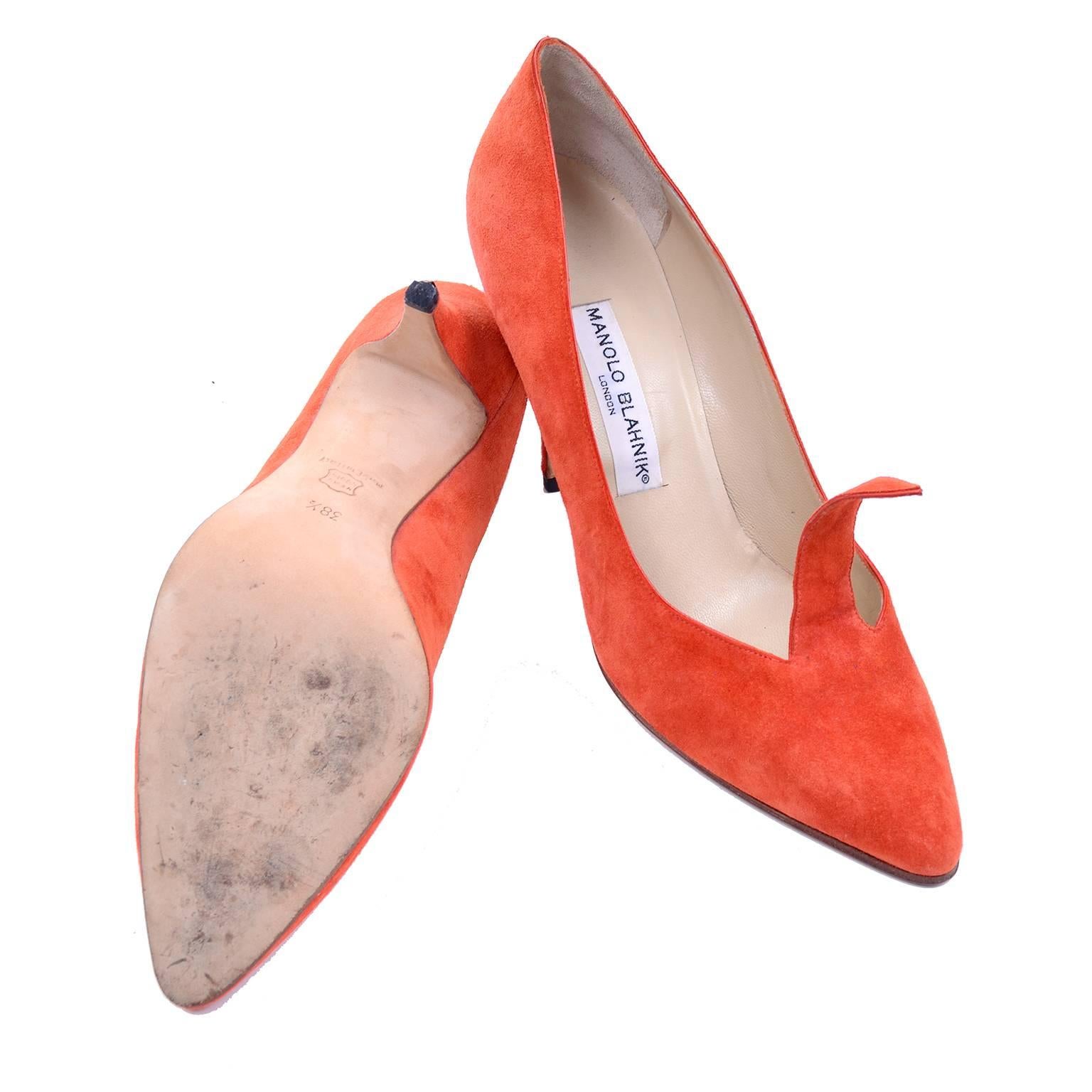 Manolo Blahnik Vintage Orange Suede Fall Shoes with Flame  In Excellent Condition In Portland, OR