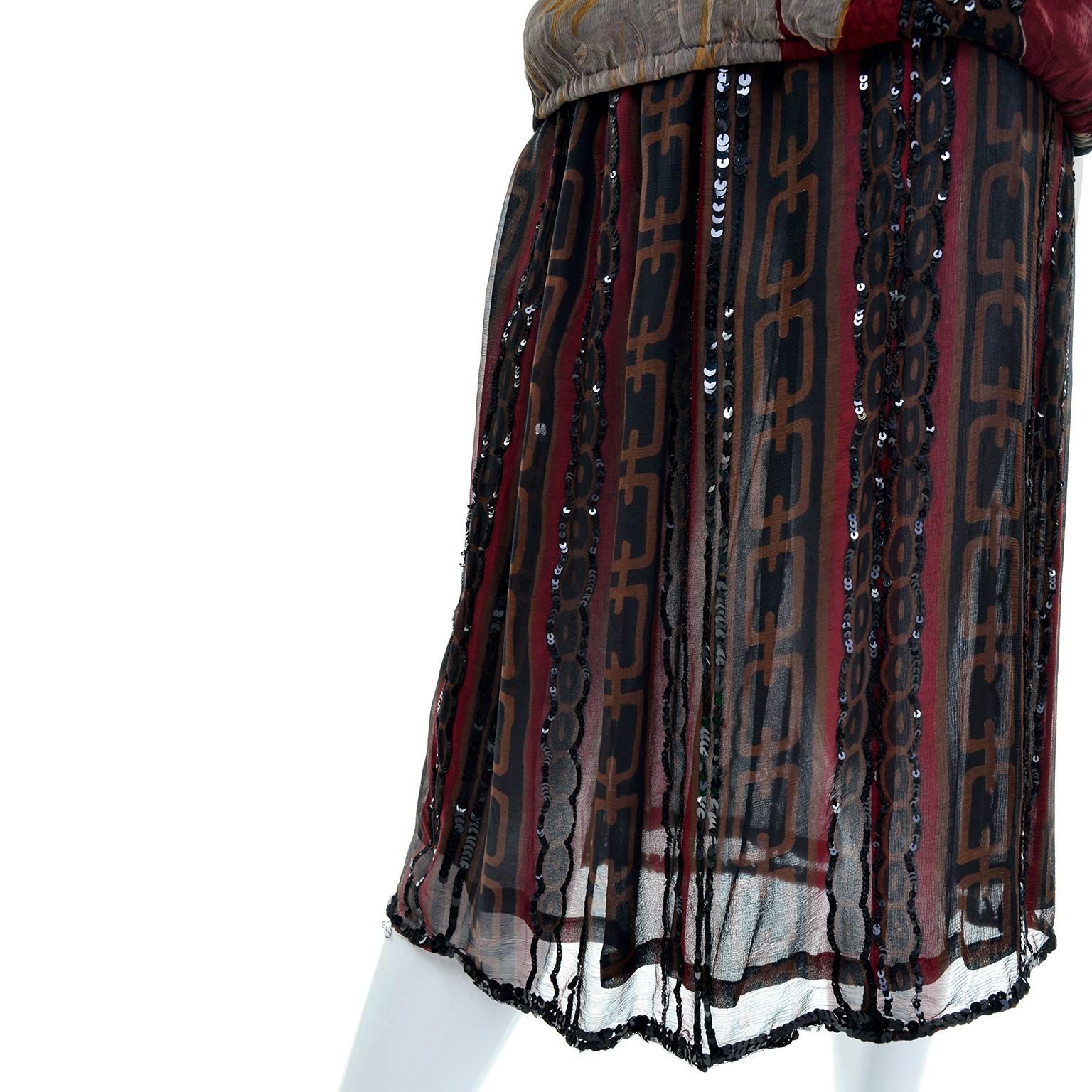 Black 1970s Rare Adolfo Vintage Silk Pattern Mix Eagle Dress With Beading & Sequins