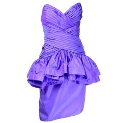 Tadashi 1980s Iridescent Purple Satin Vintage Strapless Dress w/ Ruffled Peplum