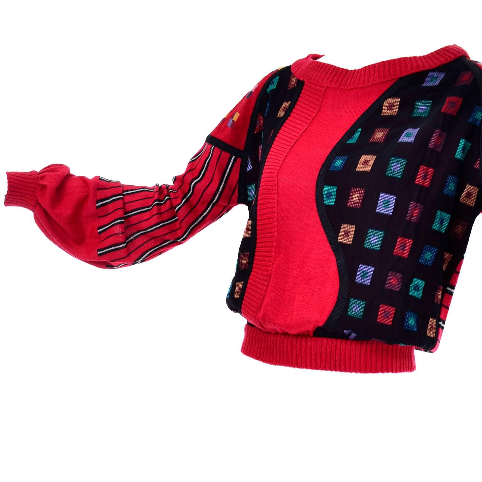 Red 1980s Vintage Koos Van Den Akker Mixed Pattern Silk Sweater