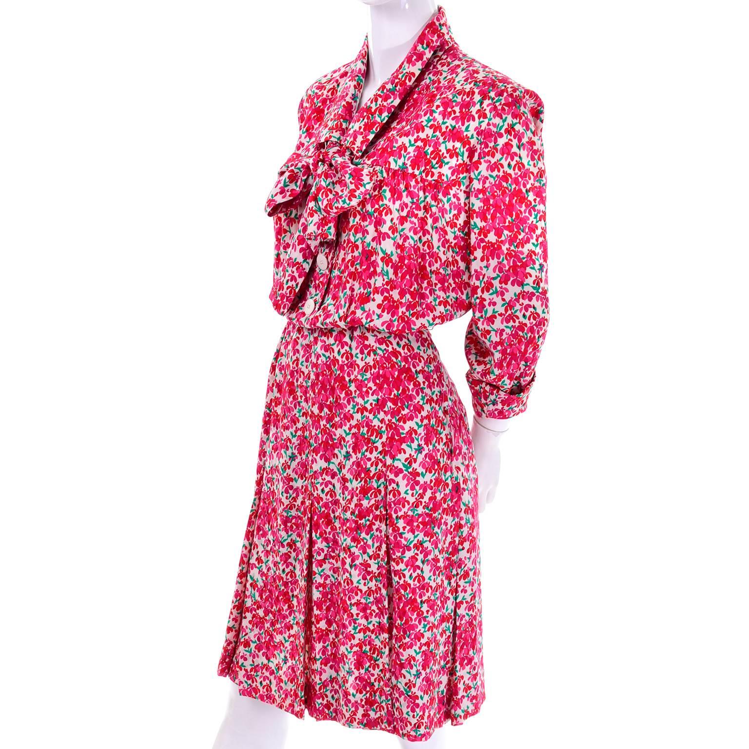 1970s Yves Saint Laurent YSL Vintage Dress in Pink Floral Silk Print In Excellent Condition In Portland, OR