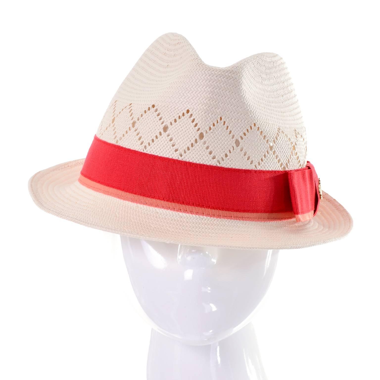 White Unworn Gucci Natural Straw Fedora Hat With Orange Ribbon and Bow Medium
