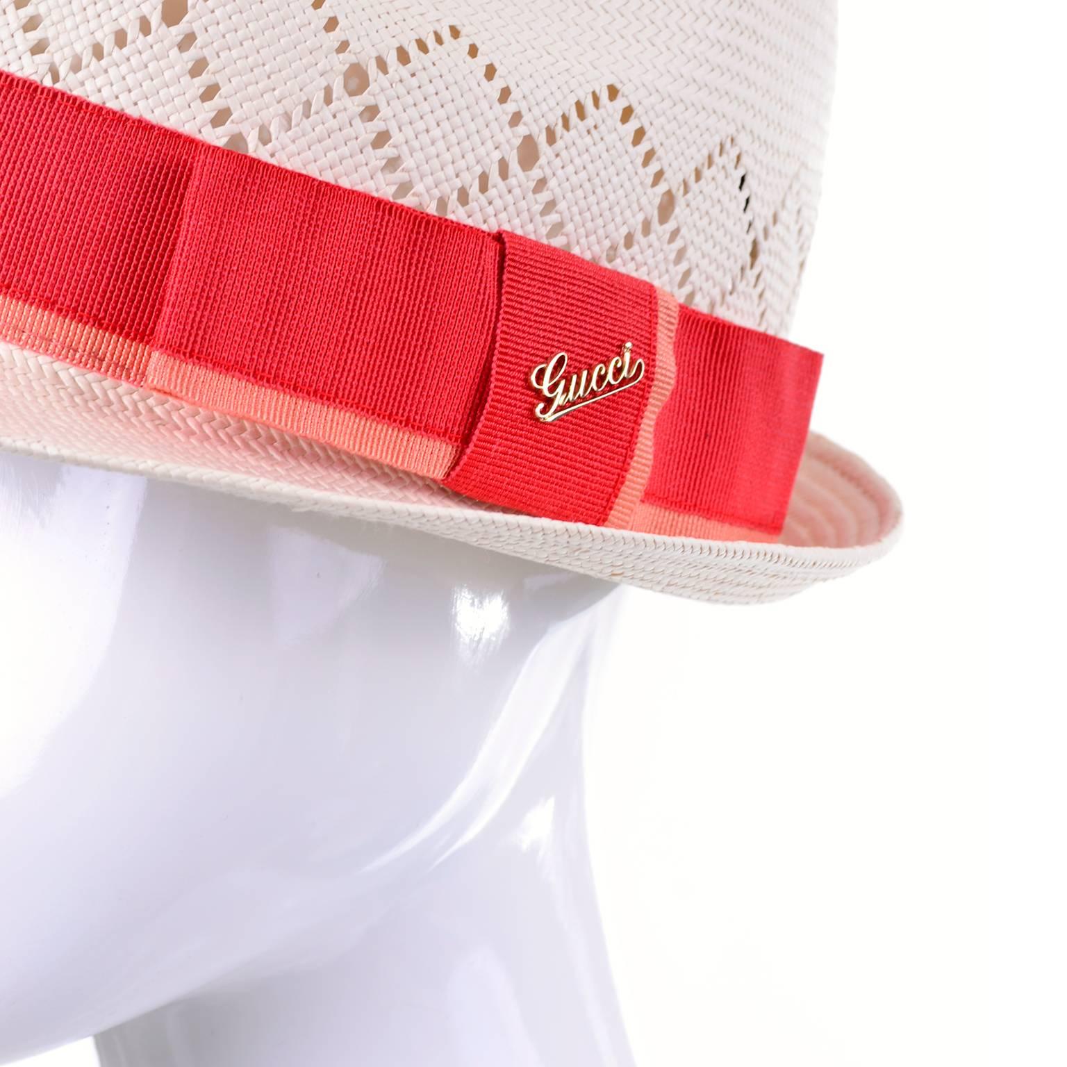Unworn Gucci Natural Straw Fedora Hat With Orange Ribbon and Bow Medium In New Condition In Portland, OR