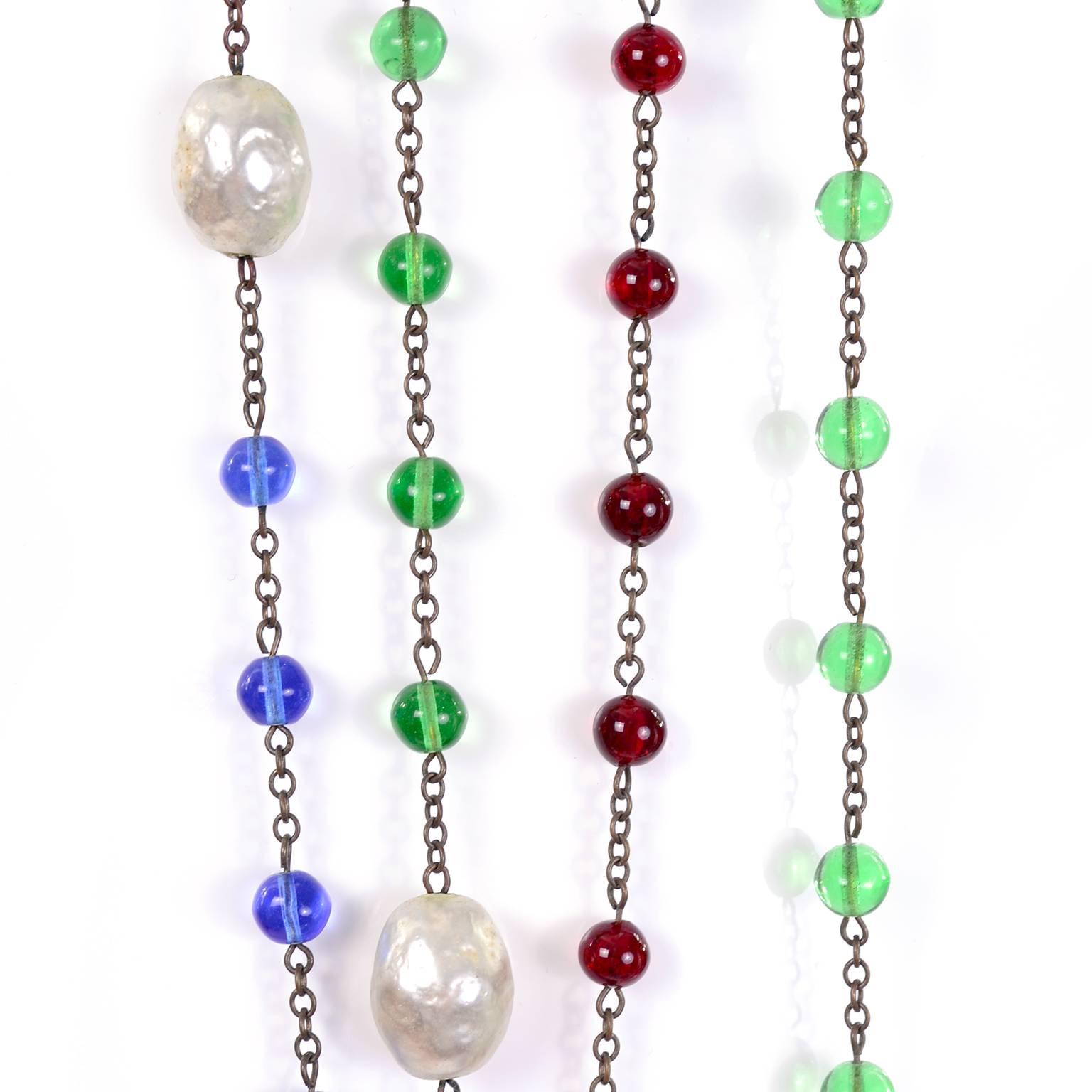 Women's 1920s Art Deco Murano Glass Bead Brass Necklace in Red Blue and Green Extra Long