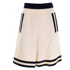 Escada Couture Vintage High Waisted Culotte Shorts Ivory Wool With Black Trim