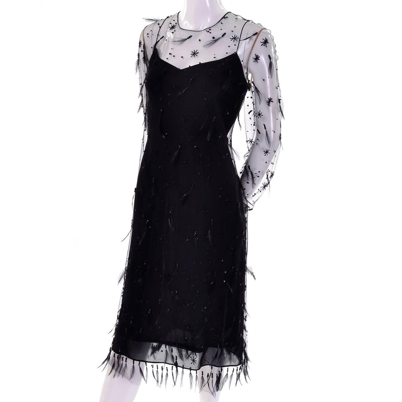 1990s Black Vintage Carolina Herrera Silk Dress With Feather Beaded Overdress 1