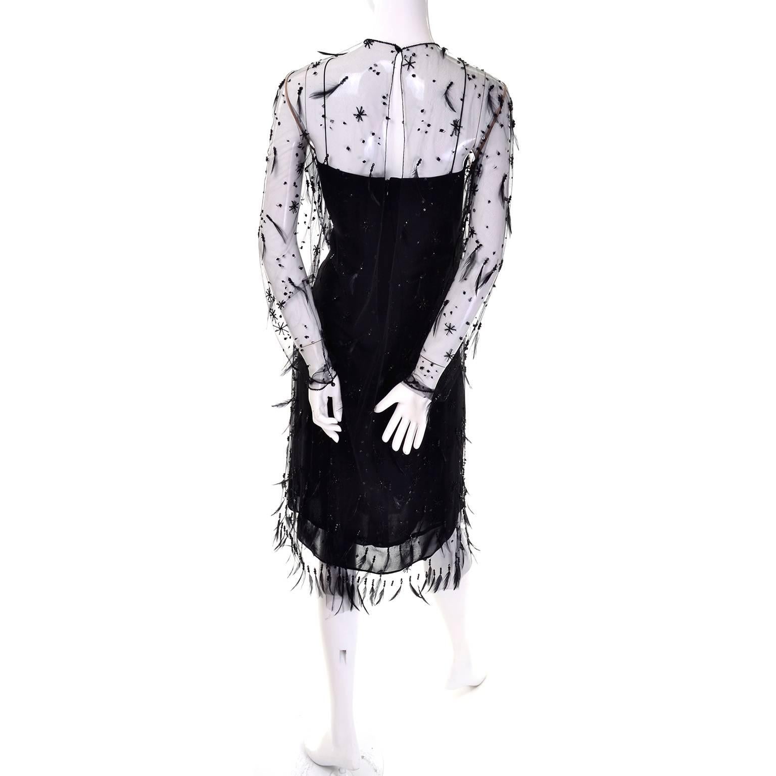 1990s Black Vintage Carolina Herrera Silk Dress With Feather Beaded Overdress 2