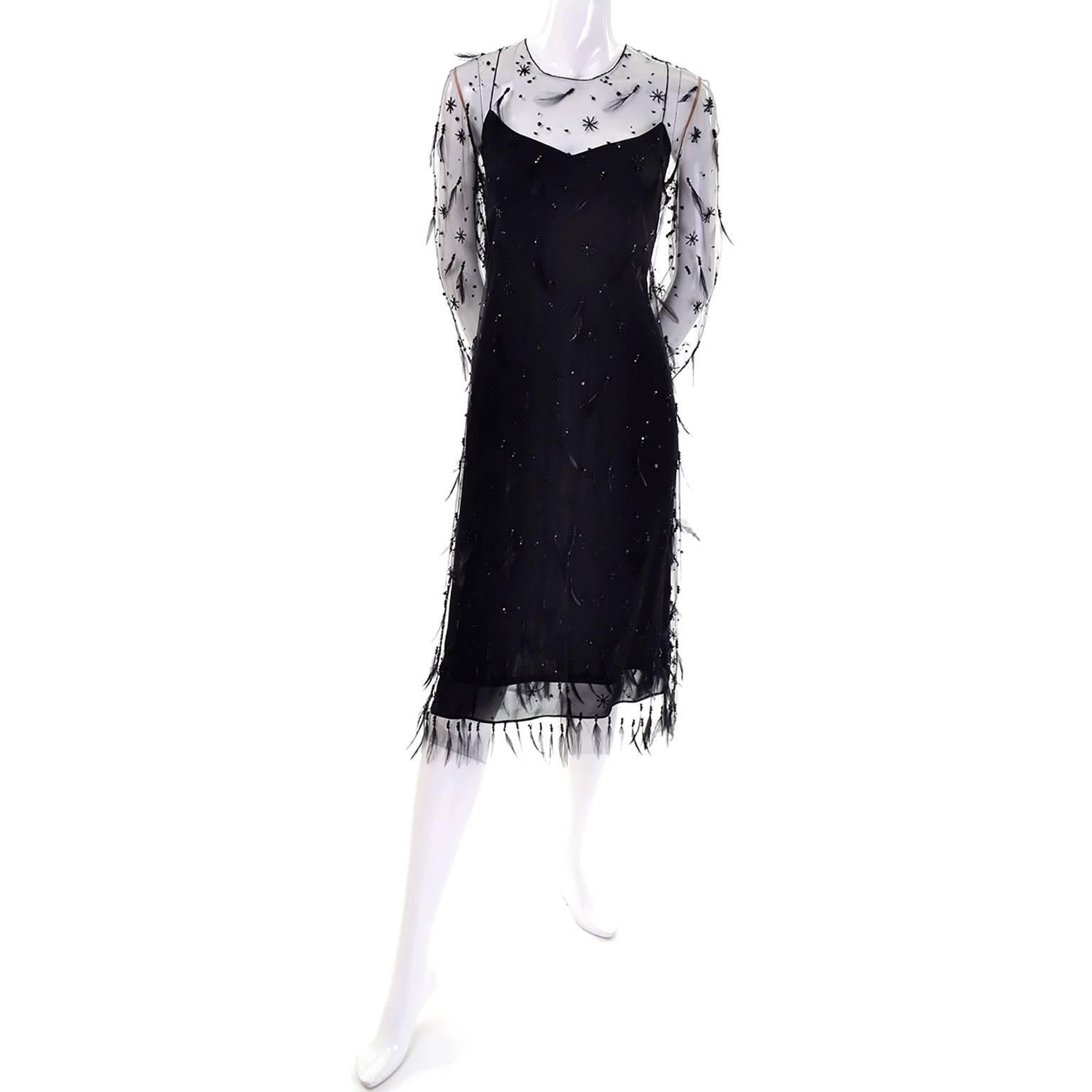 1990s Black Vintage Carolina Herrera Silk Dress With Feather Beaded Overdress 3