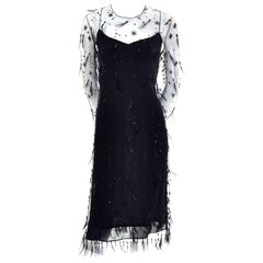 1990s Black Vintage Carolina Herrera Silk Dress With Feather Beaded Overdress