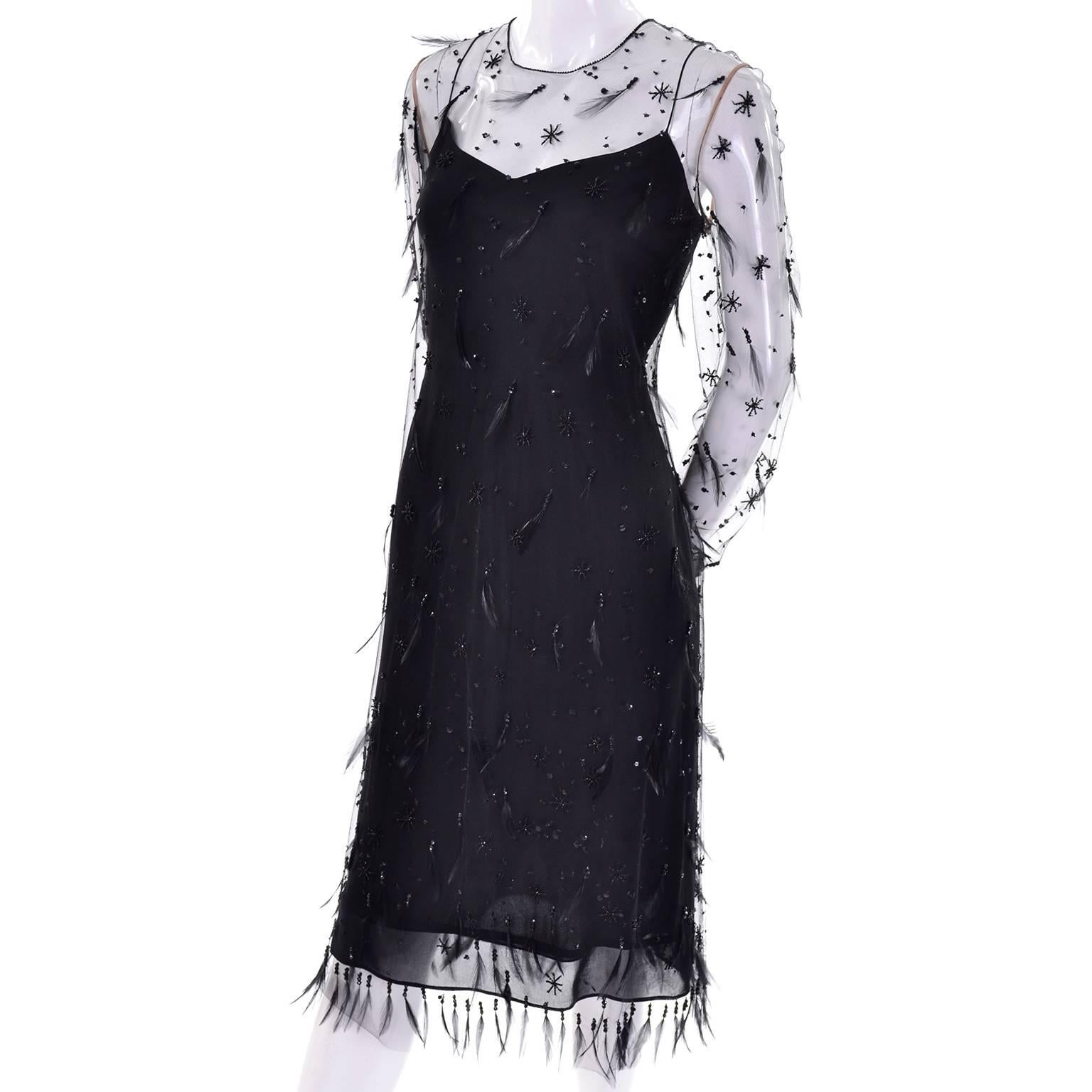 1990s Black Vintage Carolina Herrera Silk Dress With Feather Beaded Overdress In Excellent Condition In Portland, OR