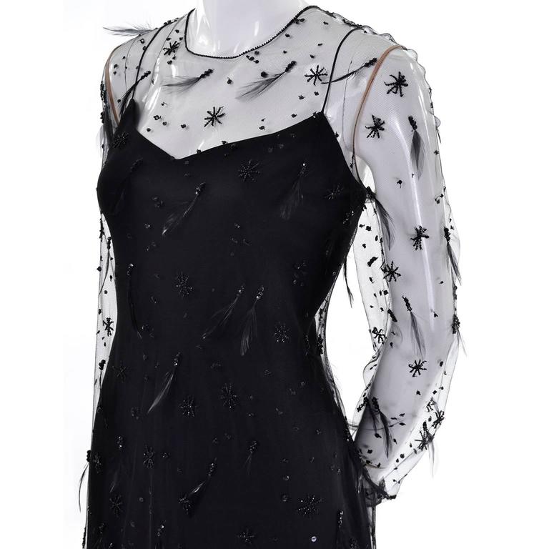 1990s Black Vintage Carolina Herrera Silk Dress With Feather Beaded ...