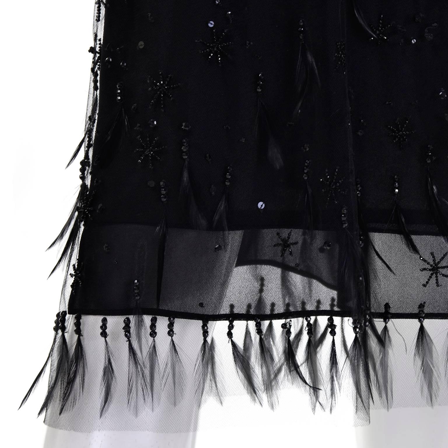 1990s Black Vintage Carolina Herrera Silk Dress With Feather Beaded Overdress 4
