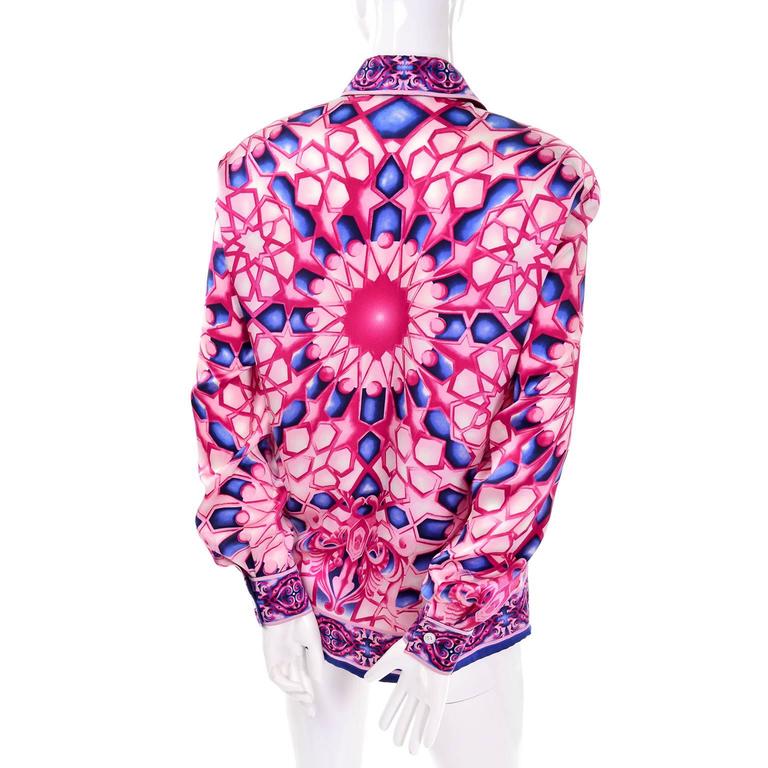 Purple Escada Saks Fifth Avenue Vintage Silk Blouse in Abstract Pink & Blue Bold Print For Sale