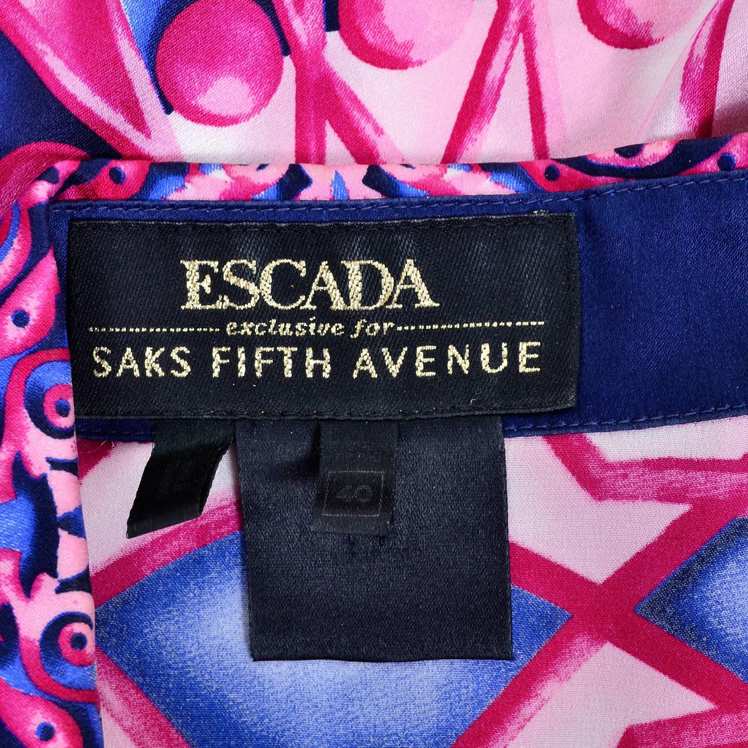 Women's Escada Saks Fifth Avenue Vintage Silk Blouse in Abstract Pink & Blue Bold Print For Sale