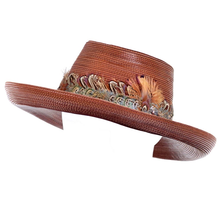 Patricia Underwood Vintage Hat in Brown Leather with Feather Trim For Sale