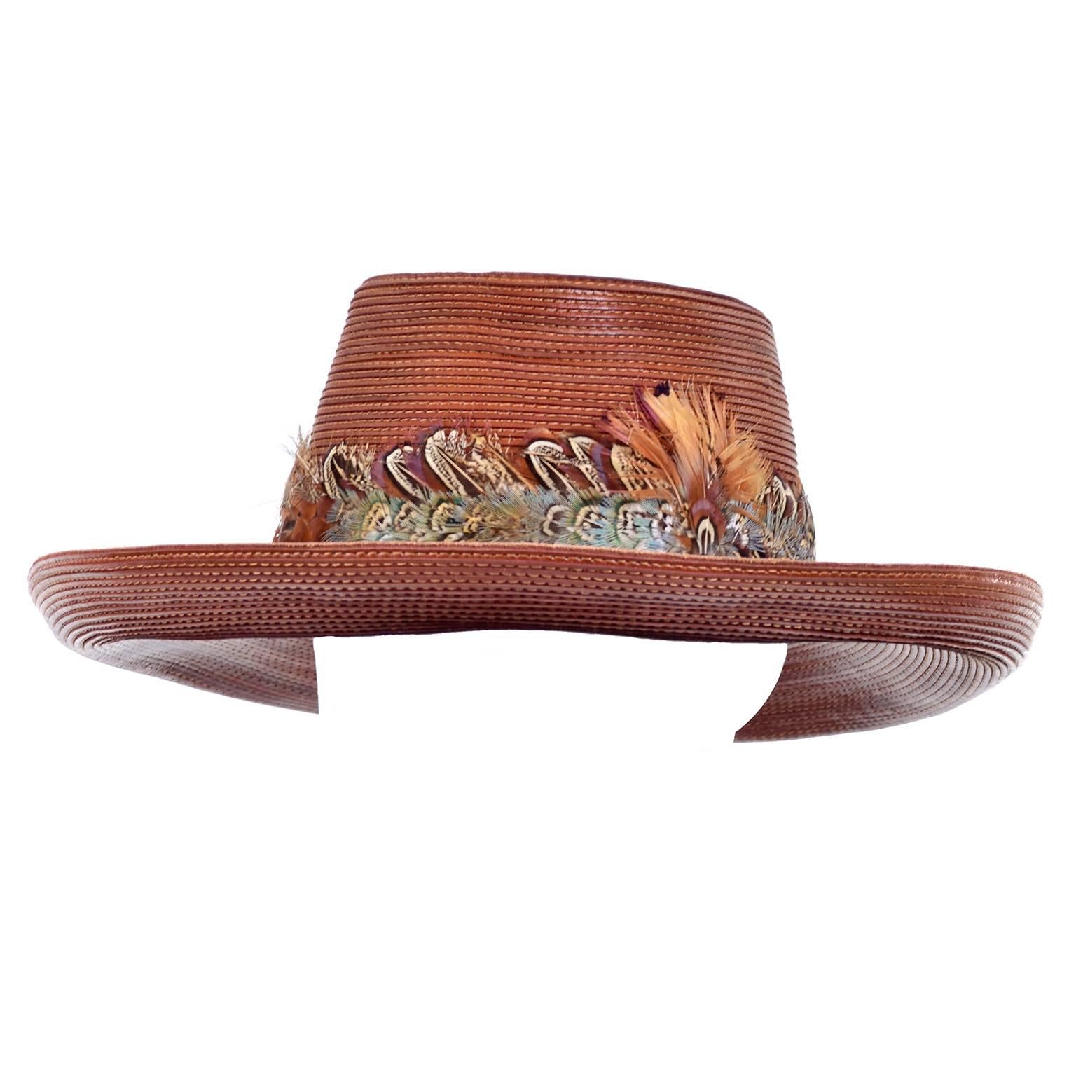 Patricia Underwood Vintage Hat in Brown Leather with Feather Trim In Excellent Condition In Portland, OR